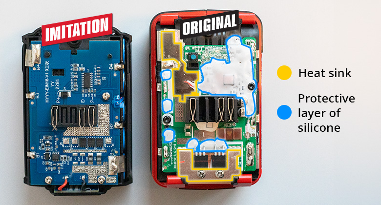 Comparação do interior de uma bateria falsa e de uma bateria original